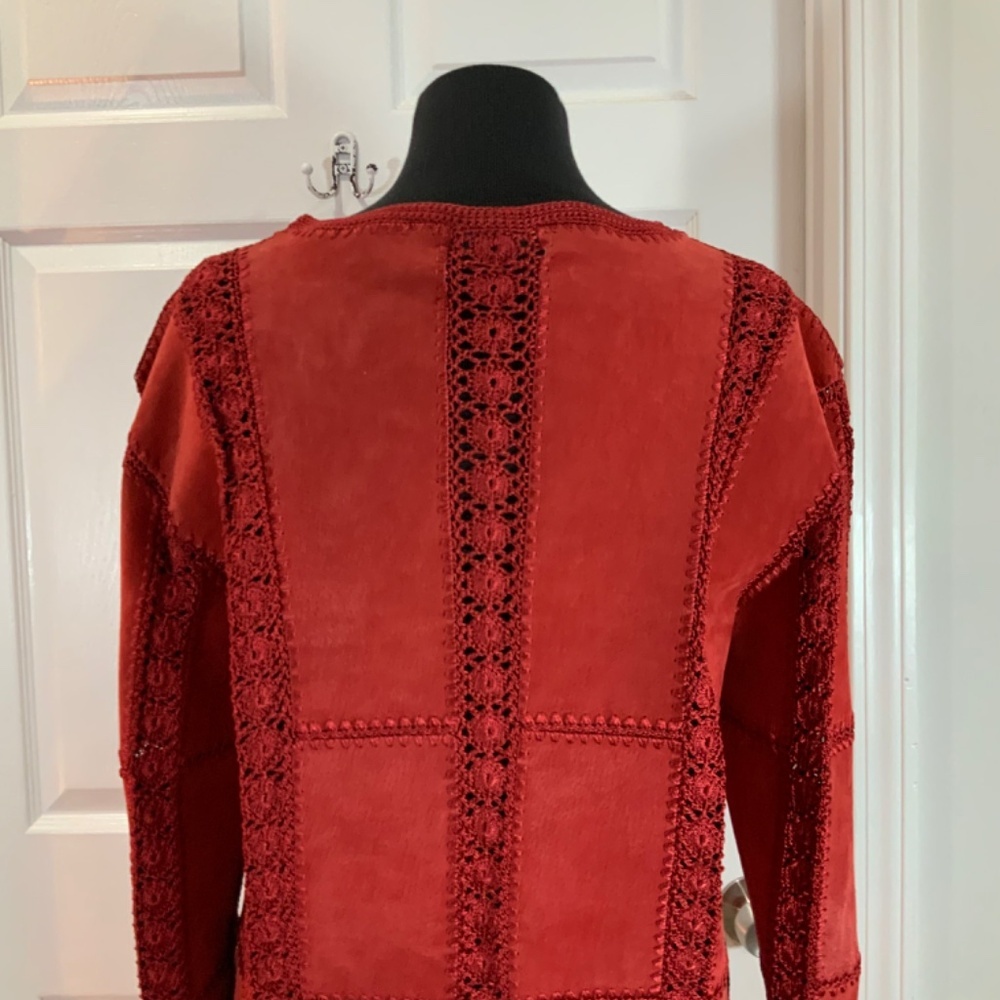Red Suede Leather Crochet Patchwork Button Down B… - image 6
